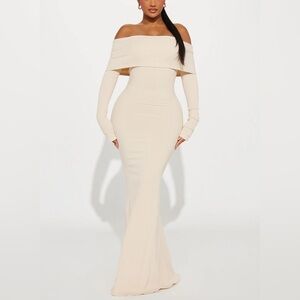 Cream Off-Shoulder Long Sleeve Bodycon Maxi Dress